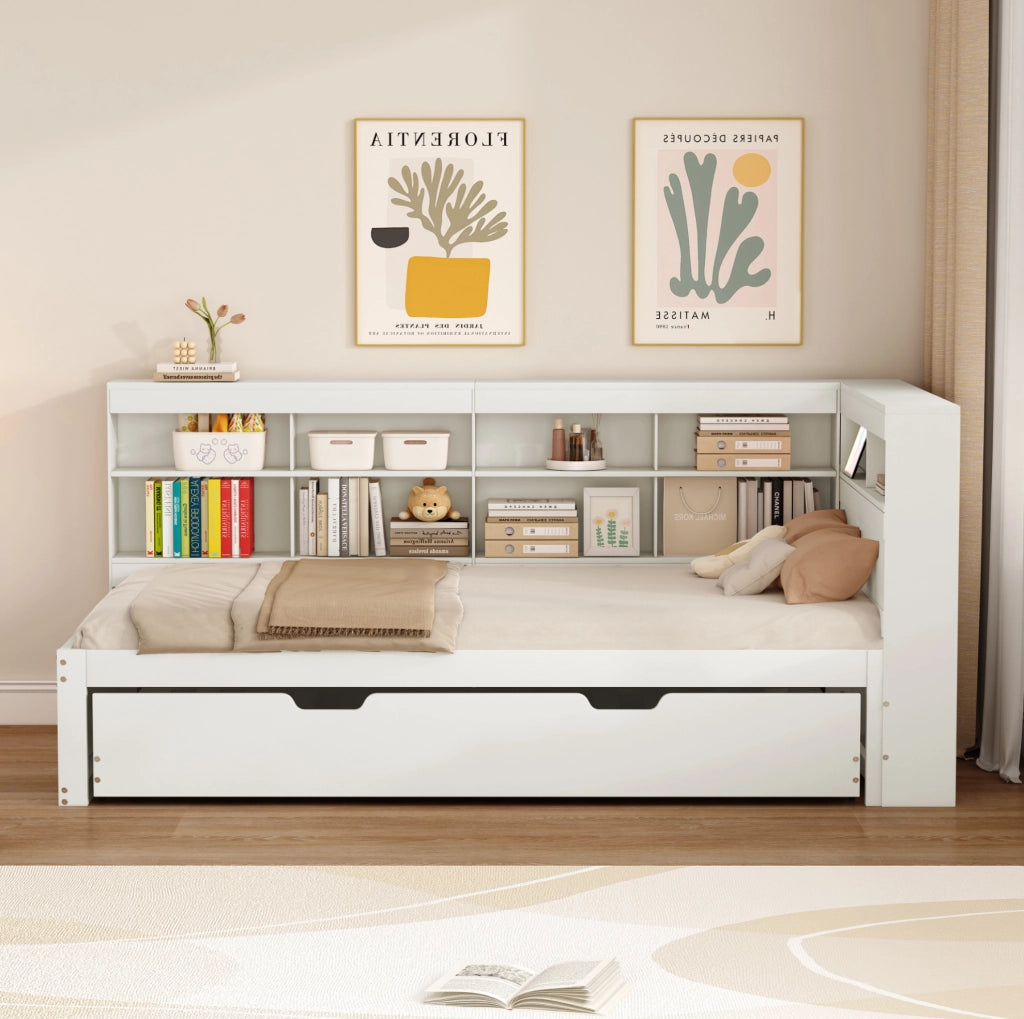 Letto singolo 90x200 cm con letto estraibile; USB e vani portaoggetti in legno