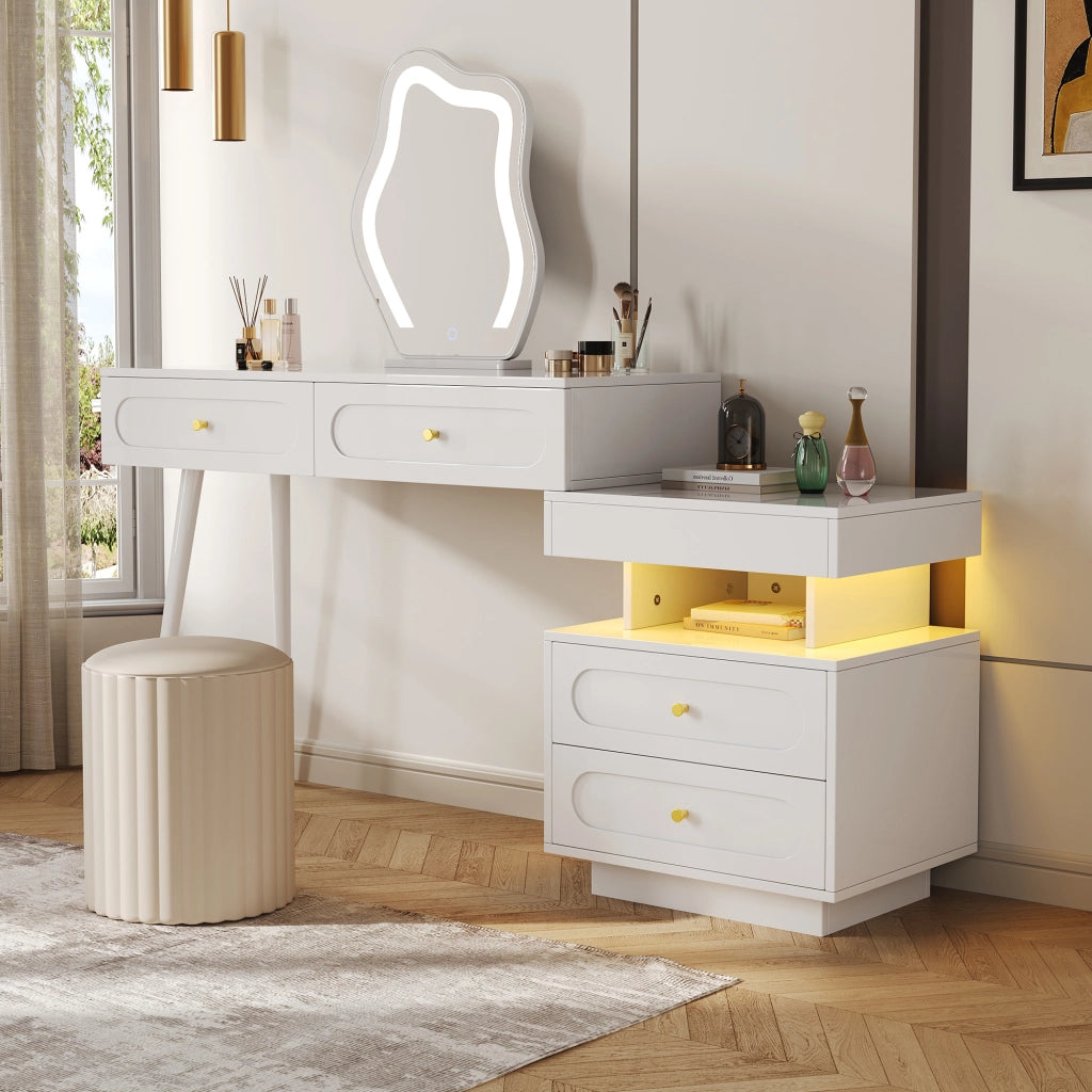 Tavolo Trucco con Specchio LED e Cassetti ¨C MINIMAL ¨C Bianco, 140x40x130 cm