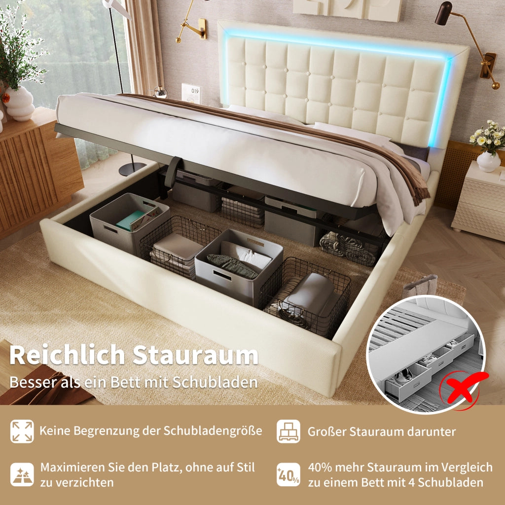 LETTO Contenitore 140x200 cm con LED, PU Bianco