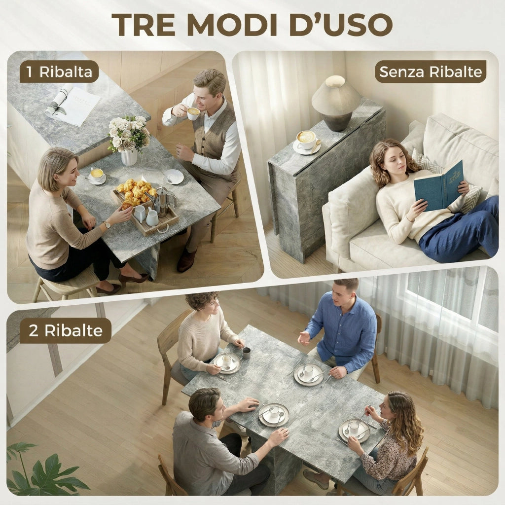 Tavolo da Pranzo Pieghevole con Ripiani, Ribalta e Ruote, Grigio Cemento