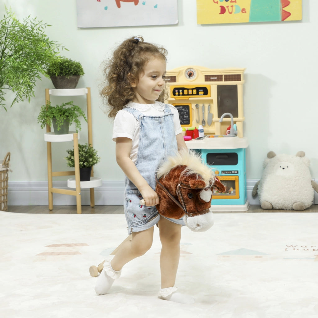 Cavallo con Bastone e Suoni Realistici per Bambini in Poliestere e Legno Marrone