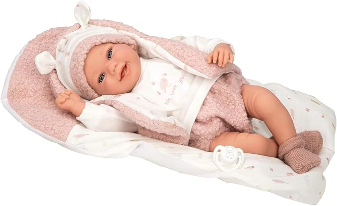 Bambola Elegance 40 cm Colin Abito in Rosa e Bianco, e con cuscino a Gioco. Il suo peso e cosi reale che sembra un bambi