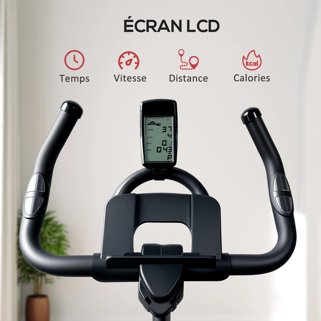 Bicicletta da fitness ¨C Minimal ¨C nero, sella e manubrio regolabili, schermo LCD, supporto tablet