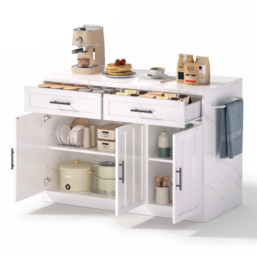 Isola da cucina 120x60x91 cm con piano bar, prese USB, cassetti e ante, bianco