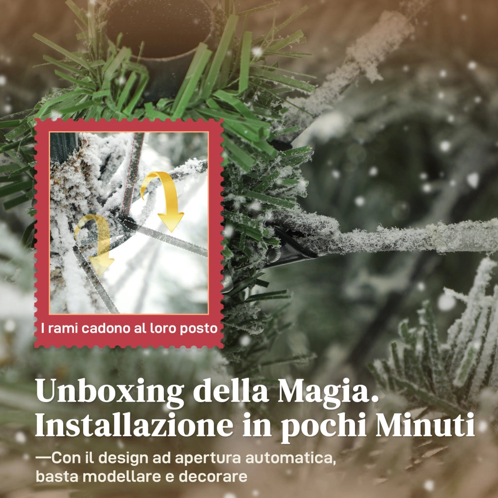 Albero di Natale Innevato Alto 180 cm con 1207 Rami Realistici e Base in Metallo Pieghevole Verde e Bianco