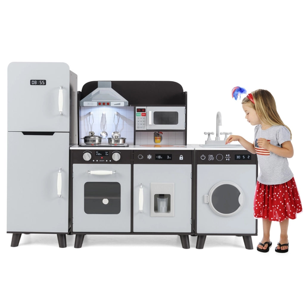 Set da cucina per bambini 3 in 1 con luci e suoni per bambini 3+ anni-Cucina da gioco con frigorifero e lavatrice macchina del ghiaccio Grigio