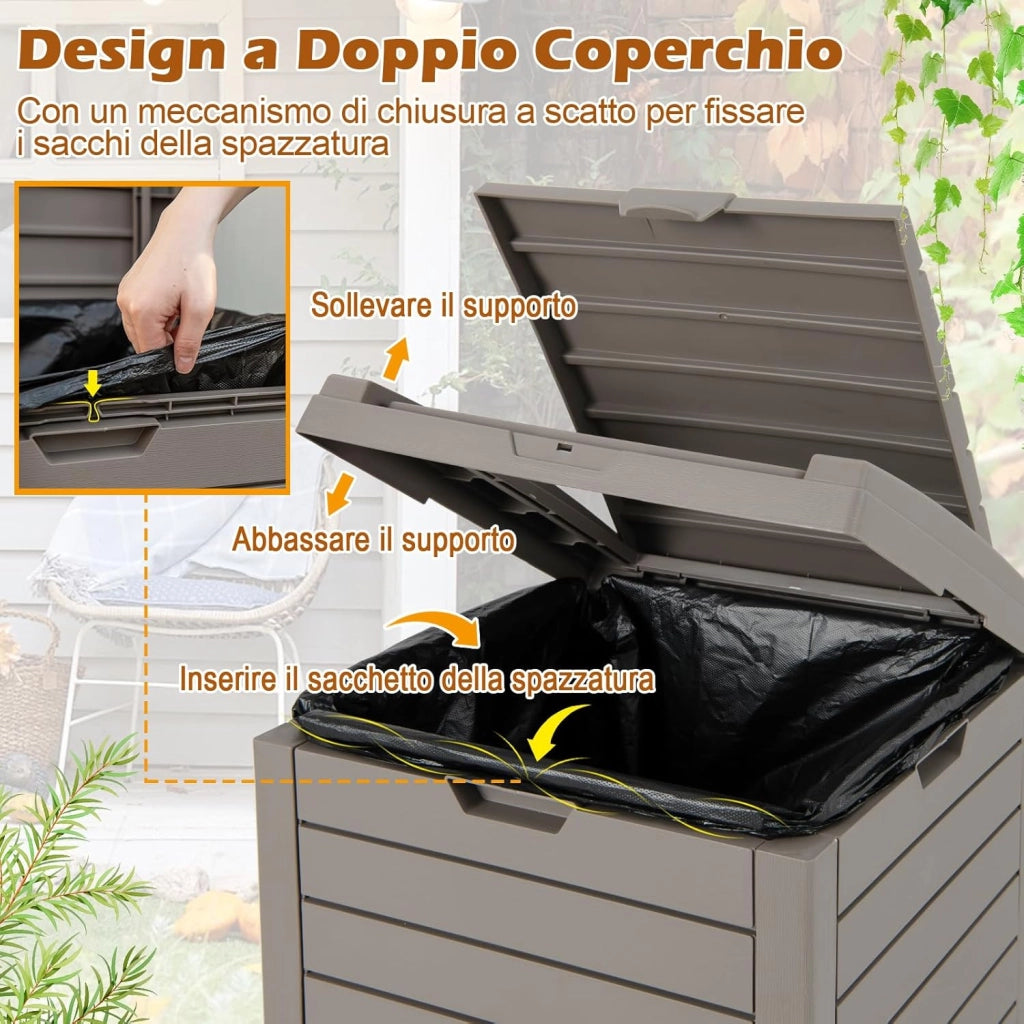Pattumiera per Rifiuti Esterno e Interno 117,5 L, Contenitore per Raccolta Differenziata Impermeabile con Coperchio a Doppia Chiusura e Vassoio Estraibile per Liquidi (Marrone)