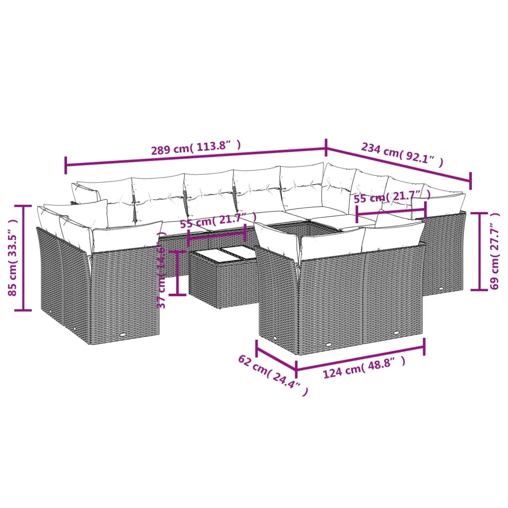 Set Divani da Giardino 13pz con Cuscini Nero in Polyrattan