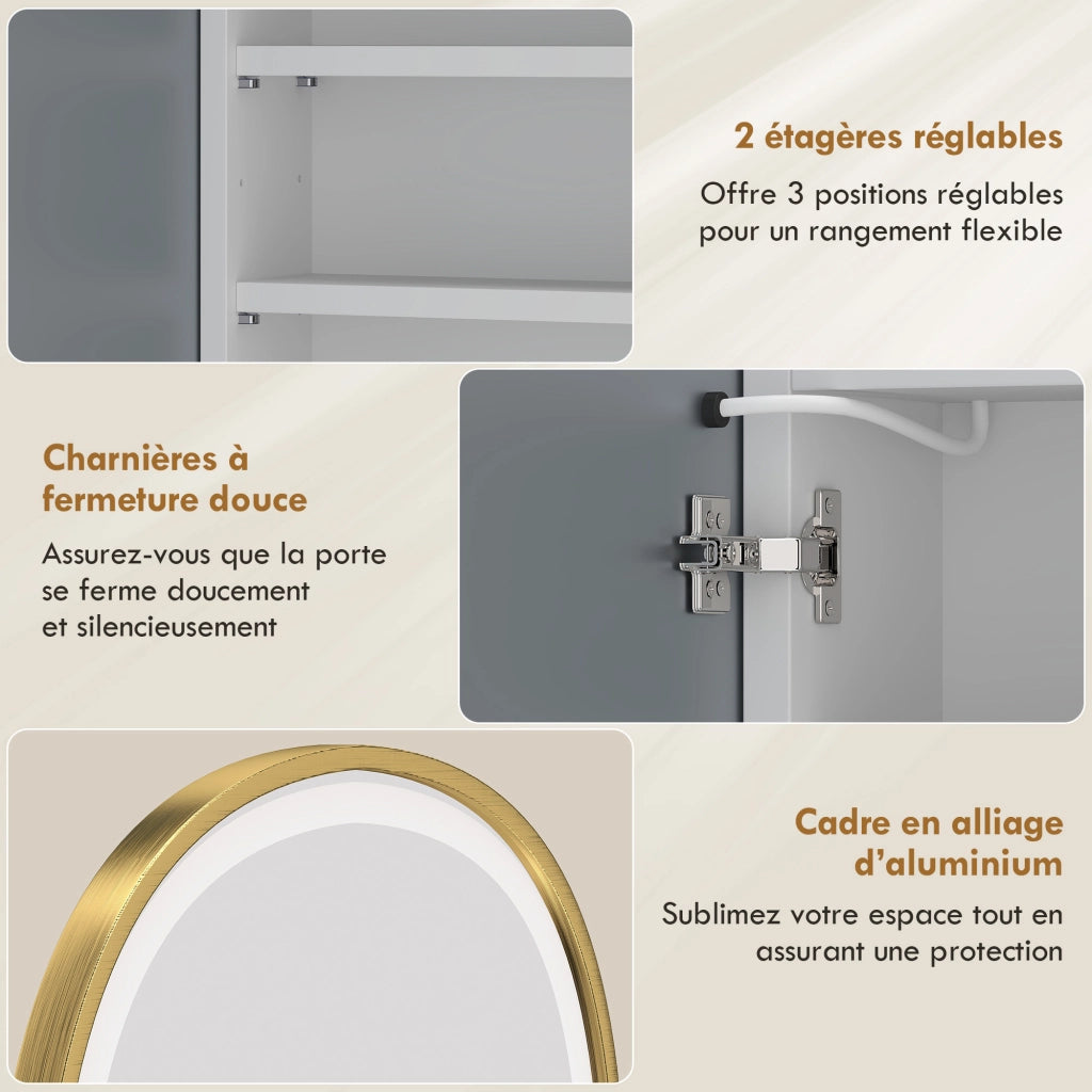 Armadietto a specchio LED bagno ¨C Xylo ¨C Porta ad arco anti-appannamento dorato 50x70cm
