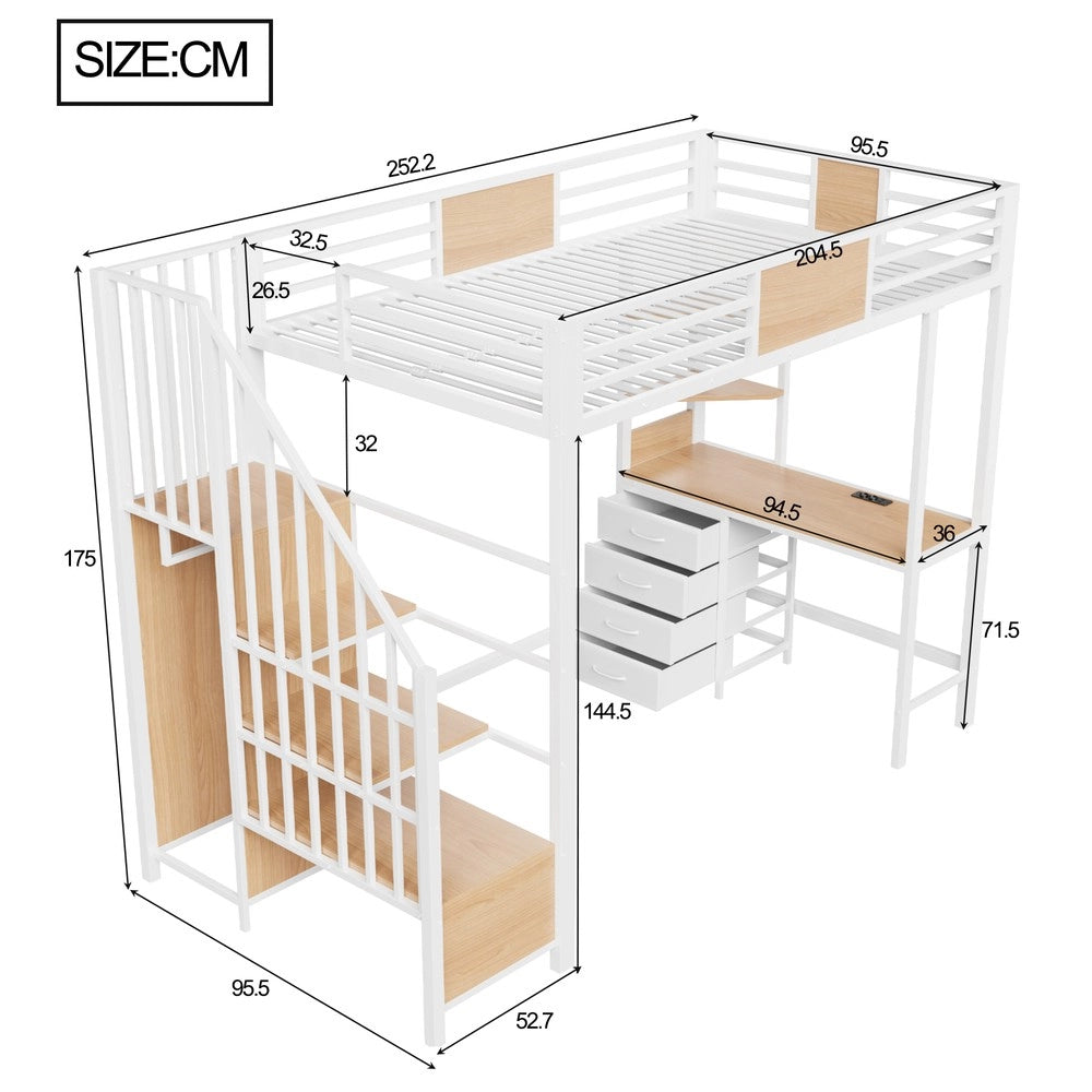 Letto a Soppalco con Scrivania e LED ¨C MINIMAL ¨C 90x200, Metallo, Nero