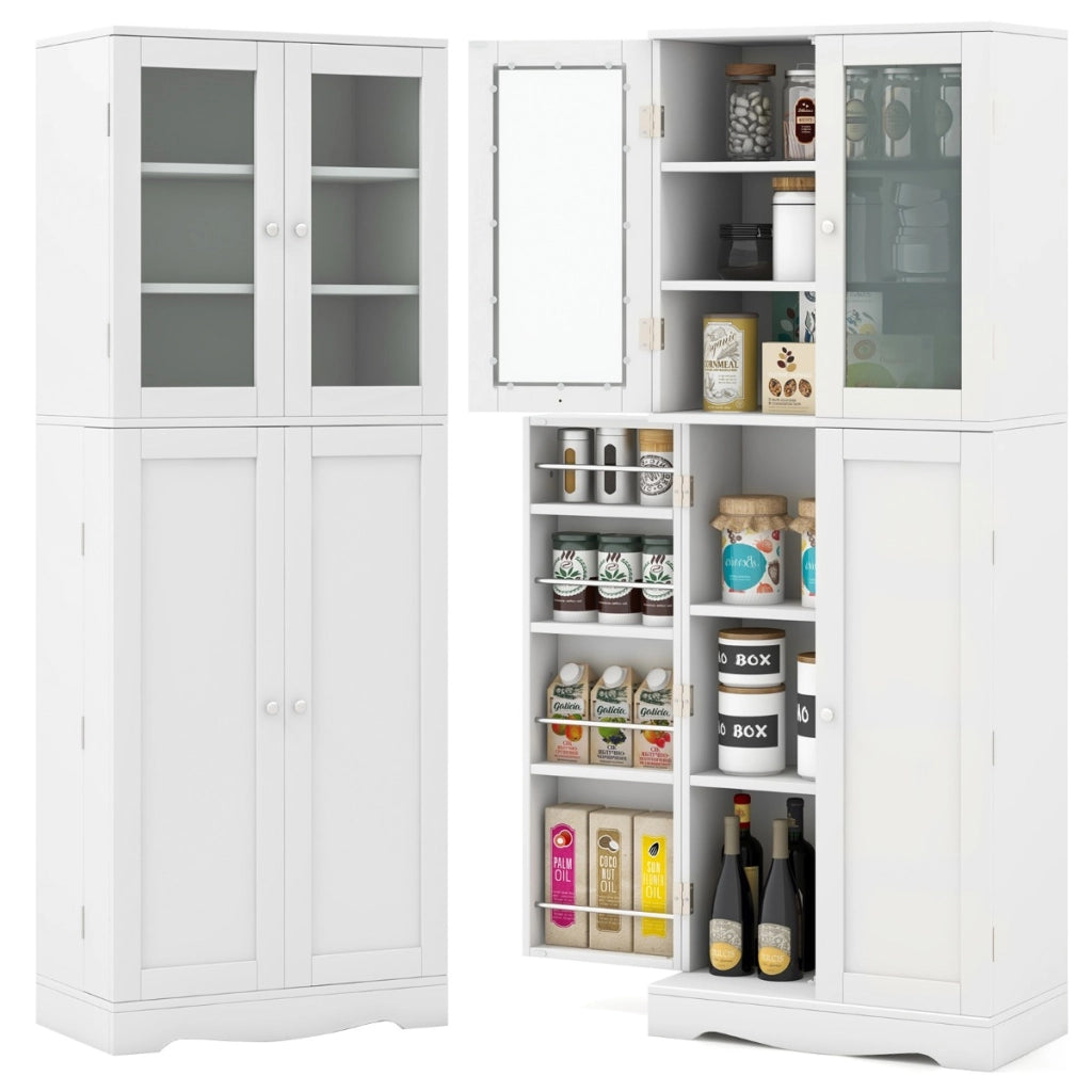 Mobile dispensa da cucina alto 161,5cm con ante in vetro ripiani di stoccaggio, Armadio dispensa per alimenti Bianco-Credenze buffet