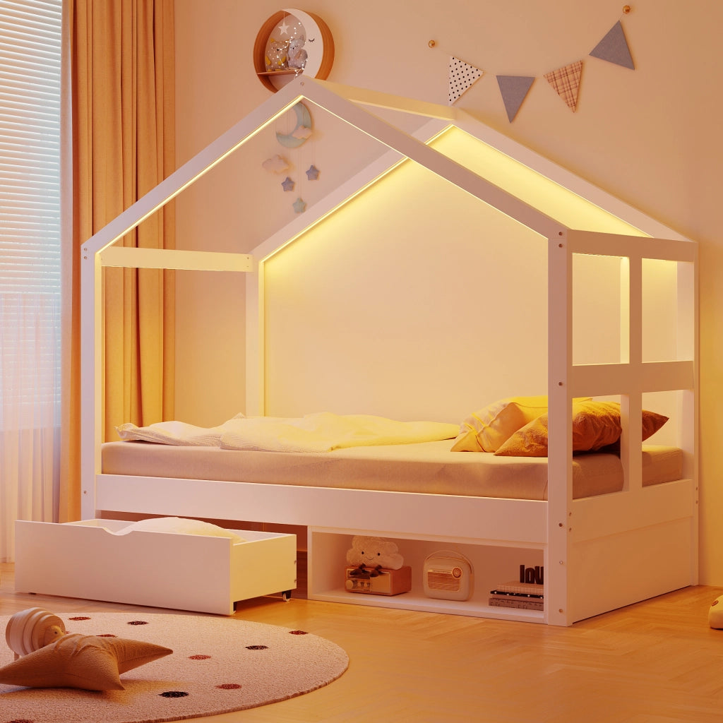 LETTO multifunzione 90x190 cm con cassetto, scarpiera e LED bianco