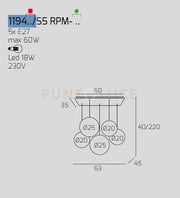 SOSP. OTTONE SAT. 5 LUCI RETTANGOLARE VETRI (3 PICCOLI +2 MEDI) TUTTI AMBRA 1194OS-S5 RPM-AM