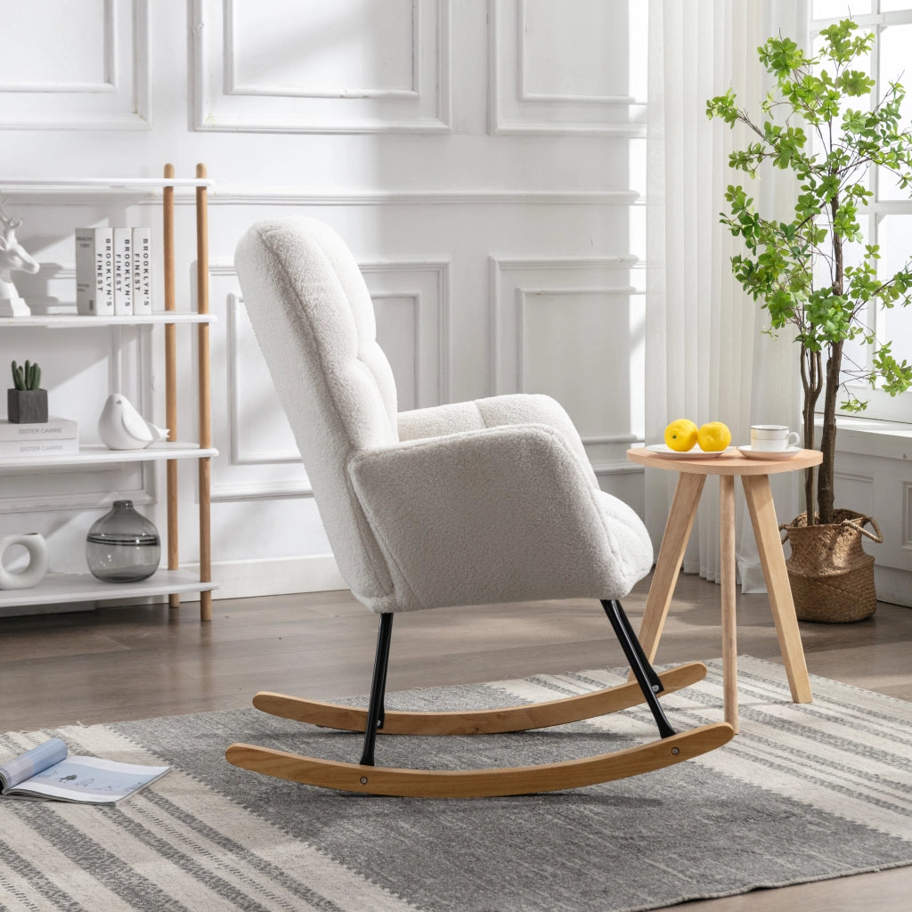 OKWISH Sedia a Dondolo con Schienale Alto Ergonomico e Braccioli Imbottiti, Struttura in Metallo e Legno, Teddy Bianco