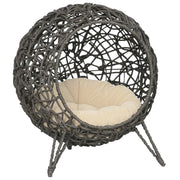 Casetta per gatti in rattan con cuscino, cuccia, grotta per gatti con piedini rialzati, grigio argento, ?52 x 58 cm