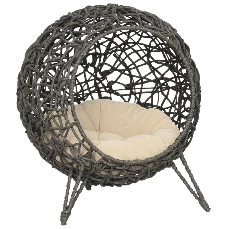 Casetta per gatti in rattan con cuscino, cuccia, grotta per gatti con piedini rialzati, grigio argento, ?52 x 58 cm