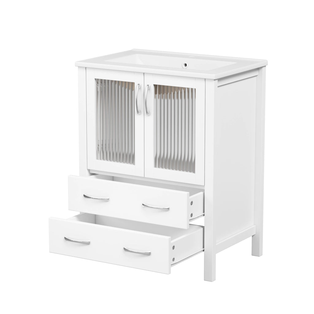Mobile bagno con 2 cassetti; anta in vetro rigato e lavabo in ceramica con troppopieno per bagno; bianco; 61×47×86 cm