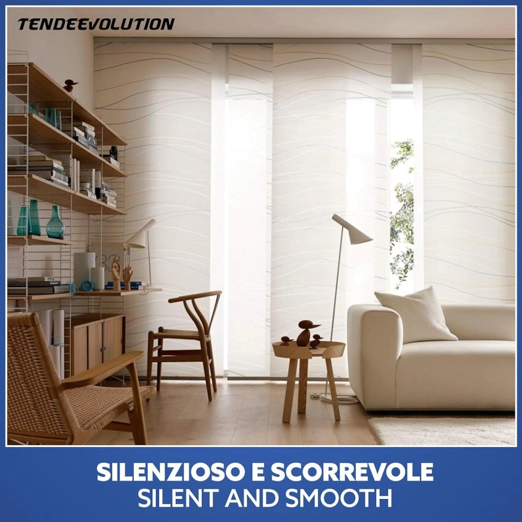 Bastone per Tende A Pannello Comando a Corda Apertura a destra, Binario a 4 vie con portapannelli da 55 CM, Attacco Soffitto Lunghezza 210 CM