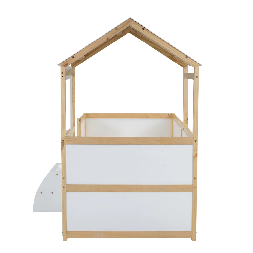 OKWISH Letto a Casetta 90×200 cm, Letto Singolo con 4 Cassetti, Scaletta e Spondine, senza Materasso, in Legno, Bianco e Naturale