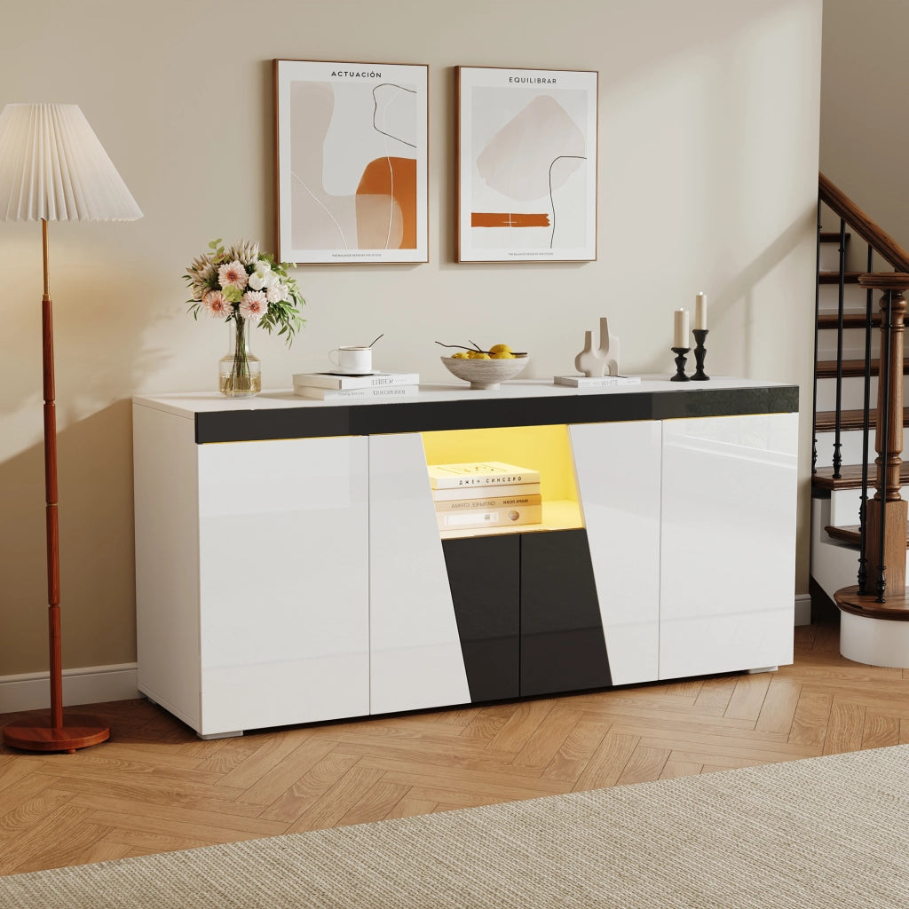 Madia con 4 ante; ripiani regolabili e illuminazione LED - per soggiorno - 140 x 40 x 65 cm