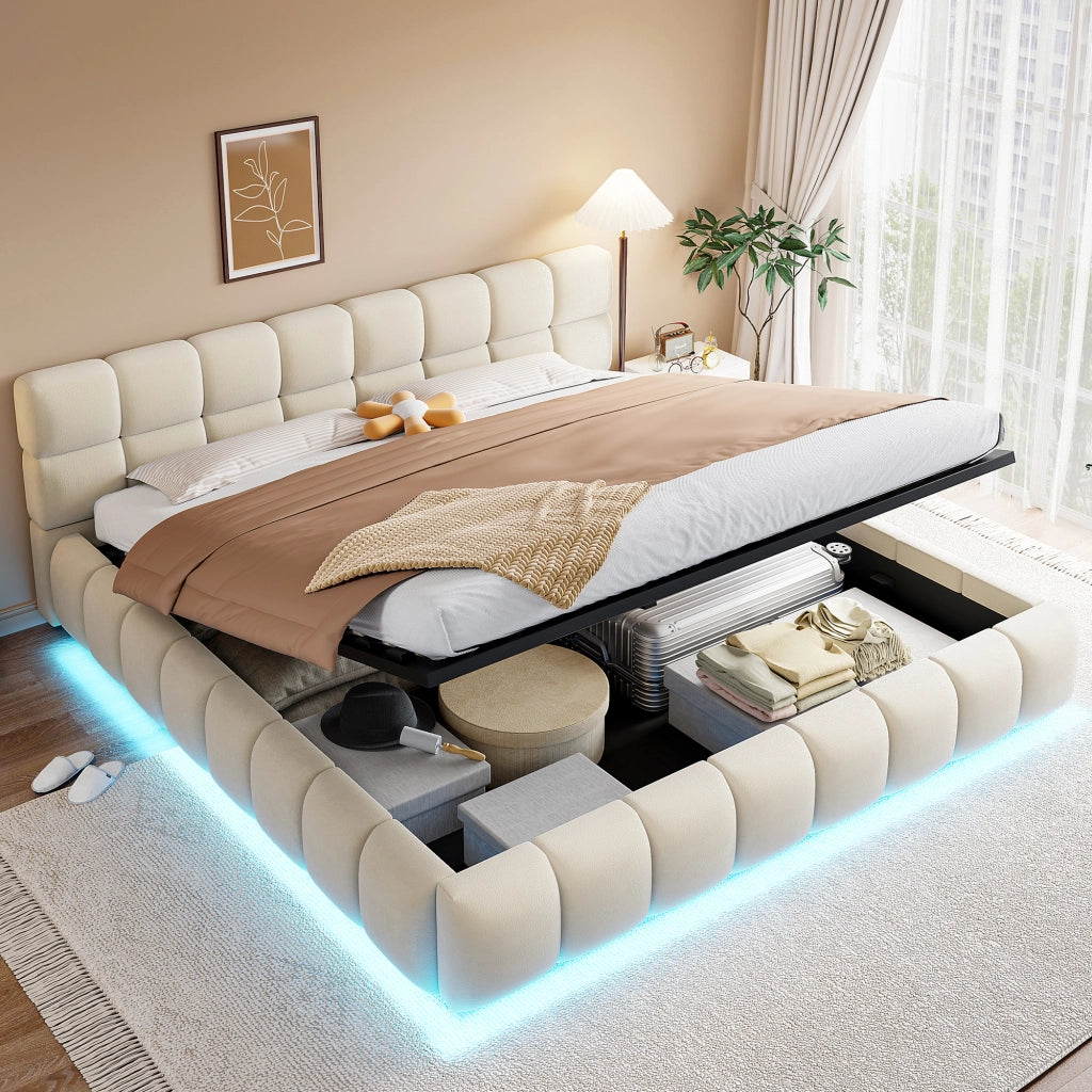 OKWISH Letto Contenitore 180×200 cm, Letto Matrimoniale con Contenitore Idraulico, LED Regolabile e Testiera Imbottita, senza Materasso, Beige