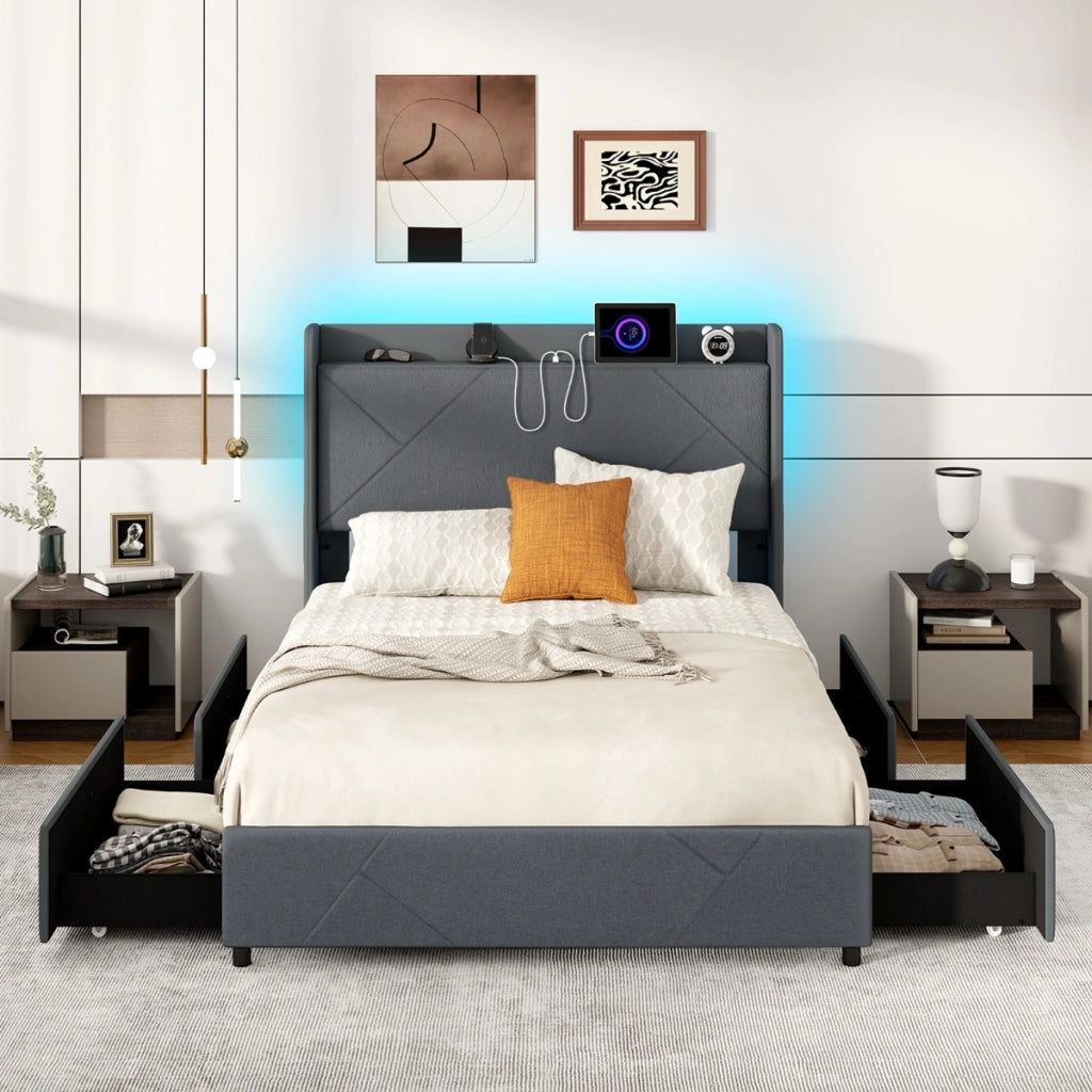 Struttura letto con luci LED letto imbottito con stazione di ricarica-Telaio letto matrimoniale 2 tasche di stoccaggio & 4 cassetti scorrevoli Grigio