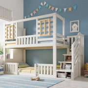 DESMIU Letto a castello per bambini 90 × 200 cm con scala-armadio, finestre in legno e senza materasso