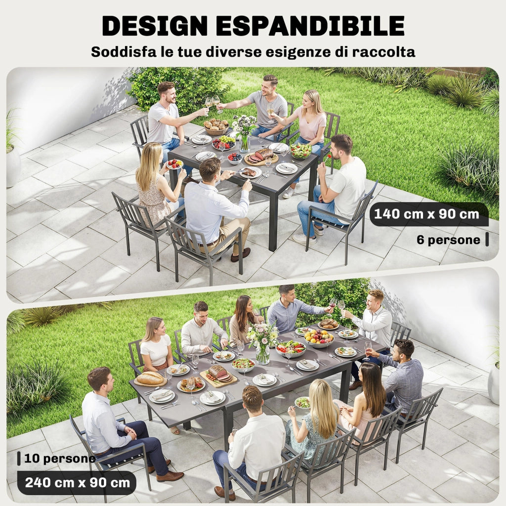 Tavolo da Giardino Allungabile ¨C Minimal ¨C Vetro Temperato, Alluminio, Nero, 140/240x90 cm