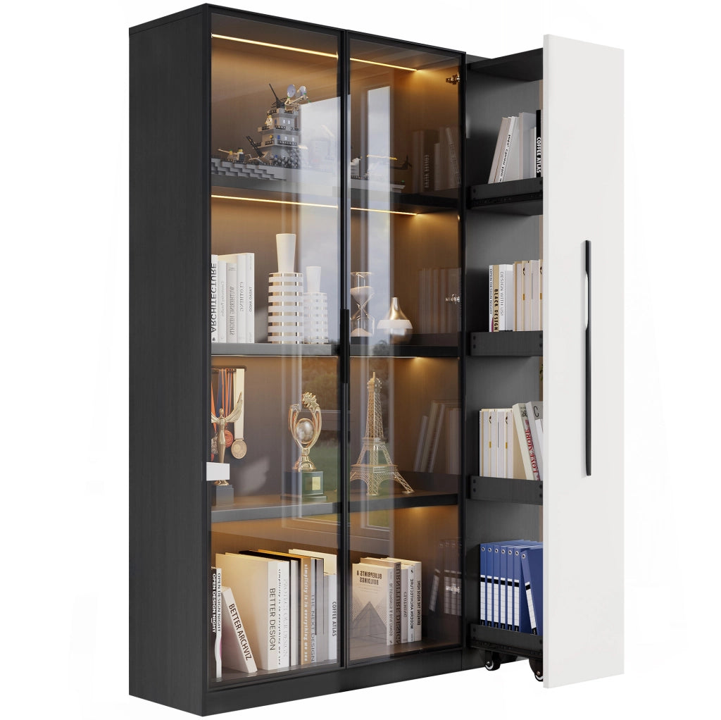 Armadio vetrina 110.5x35x160 cm con LED e ripiano laterale estraibile in MDF e vetro bianco e nero