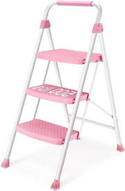 Scaffale Portatile 3 gradini - Pedale Ampi - Capacità di Carico 150 kg - Scaffale Portatile con Pedali Rampa in Rosa