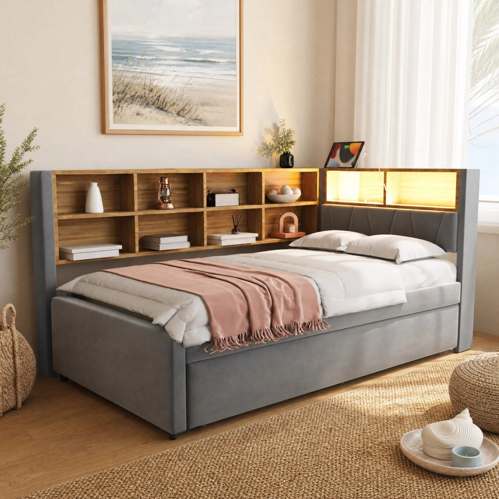 Divano letto multifunzione con letto estraibile 90x200 cm; LED; USB; Type-C; grigio scuro