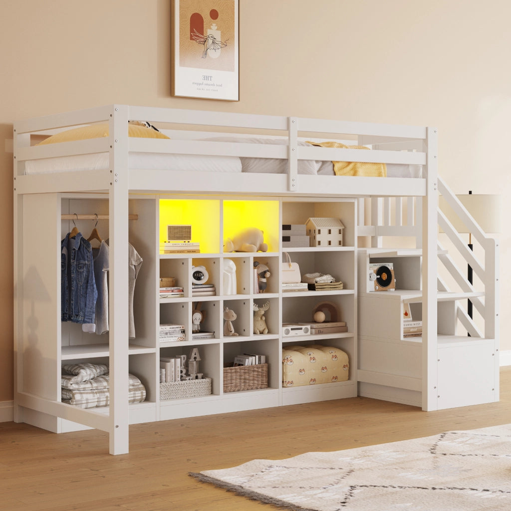 Letto a Soppalco con Contenitore e LED ¨C MINIMAL ¨C Bianco 90x200