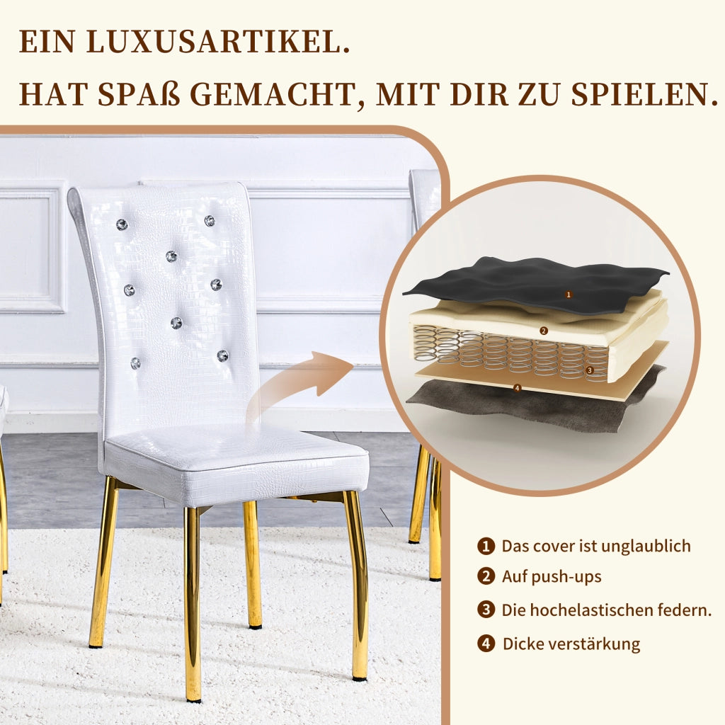 Sedia da pranzo con schienale decorato e piedini regolabili in PVC e metallo, oro