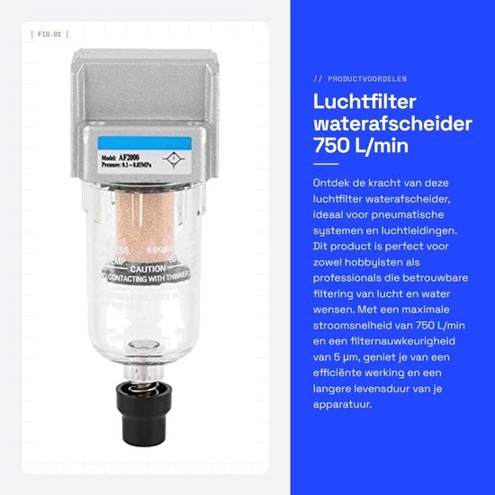 Filtro d'aria 750 L/min - Separatore acqua - Sistema pneumatico - G1/4 pollici - Precisone filtrante 5 μm - Scarico automatico - Unità filtro d'aria