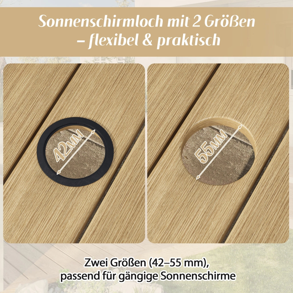 Set pranzo giardino 4 persone: 1 tavolo + 4 sedie; acciaio zincato; legno-plastica; design corda; kaki/beige