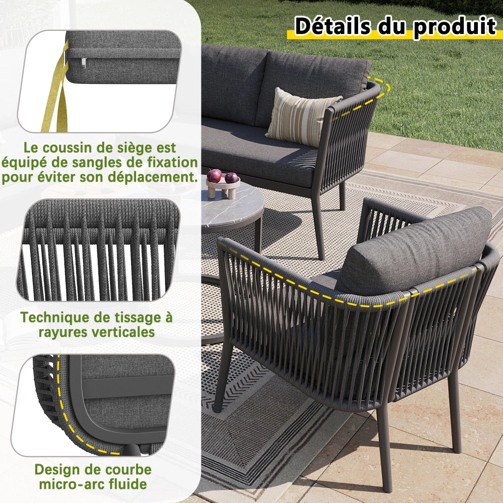 OKWISH Set da 6 Pezzi da Giardino con 2 Divani, 1 Poltrona, 1 Divano Angolare e 2 Tavoli, Metallo Olefin Grigio