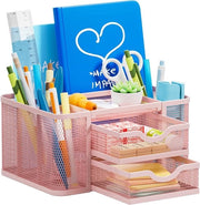Organizzatore di Scrivania a Rete, Penneier Multifunzionale con 2 Cassetti, Accessori per la Conservazione di Scrivania per Ufficio Domestico (Rosso)