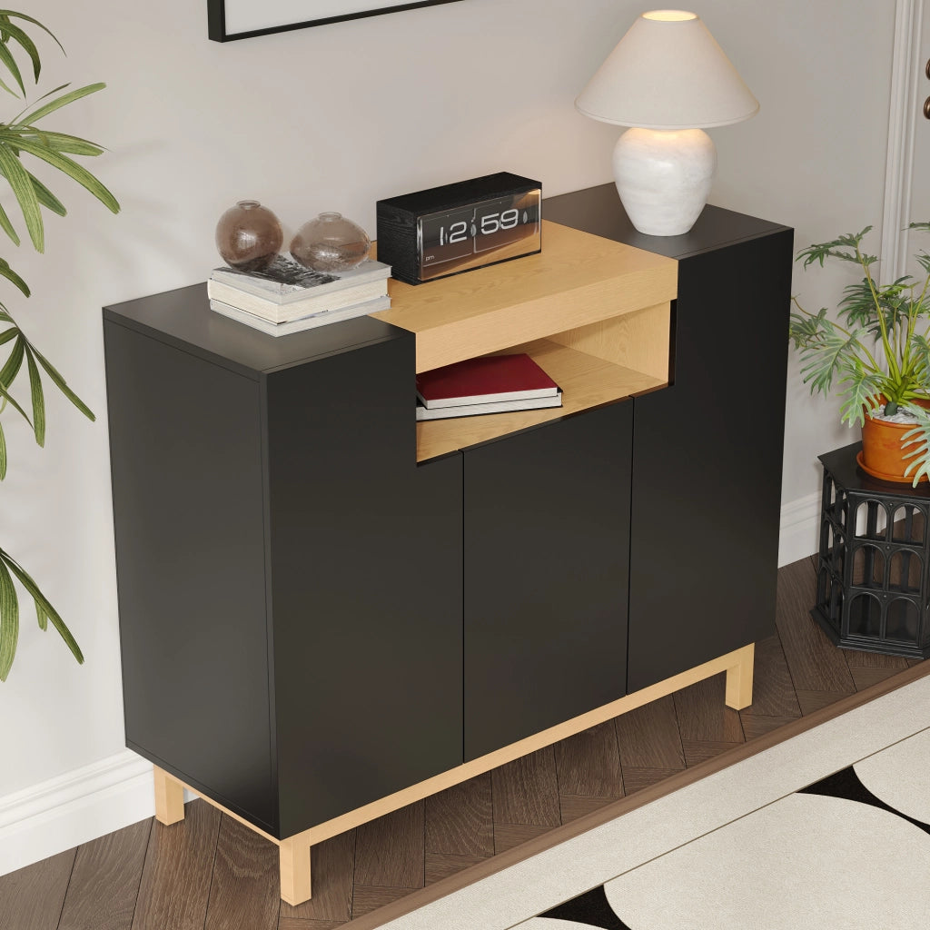 Credenza a 3 ante con nicchia aperta e vani chiusi per soggiorno e sala da pranzo; nera; 120.5 × 42 × 96 cm