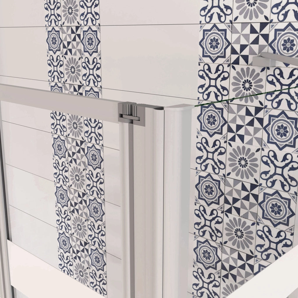 Sopravasca 130×140cm Vetro 4mm Temperato Bianco 3 Ante Pieghevoli a Libro con Lato Fisso 65x140 cm Profilo Argento Opaco Verso Destro