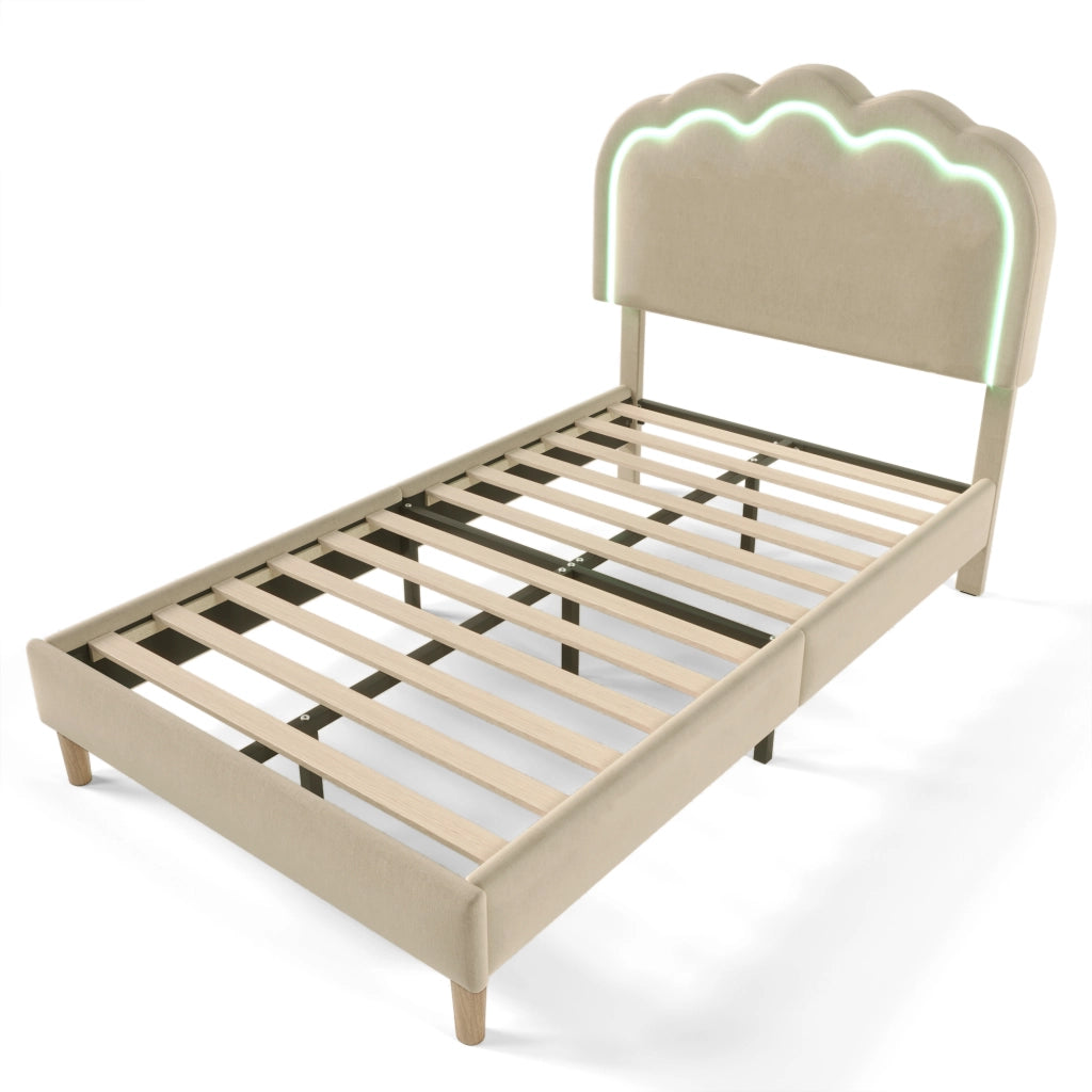 LETTO imbottito LED 90x200 cm beige con testiera regolabile