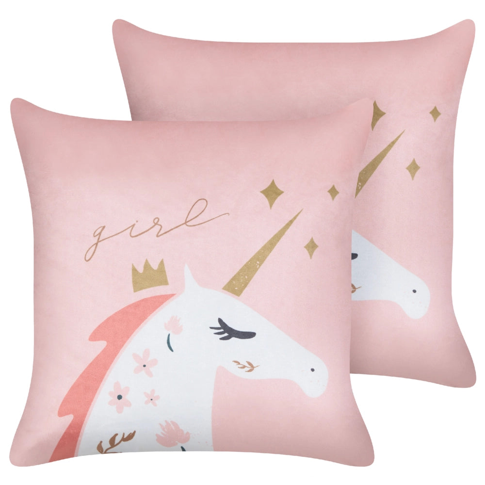 Set di 2 cuscini per bambini in tessuto di velluto rosa 45 x 45 cm Motivo unicorno sfoderabile Soggiorno Camera da letto