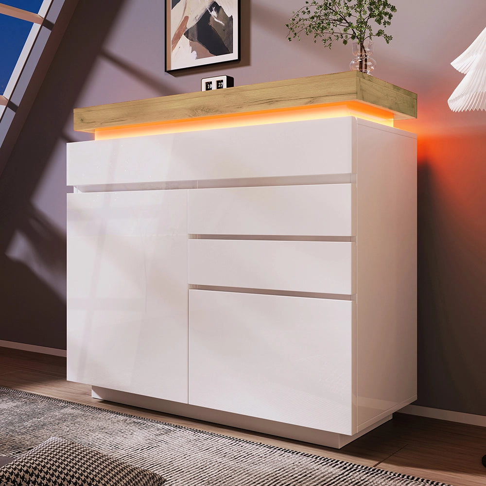 Buffet a specchio con 2 ante e 3 cassetti - Xylo - 115x110x39 cm - Bianco - Illuminazione LED (controllo app)