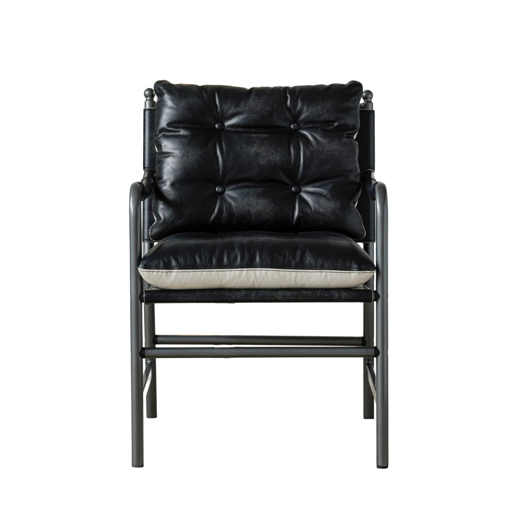 Poltrona d'appoggio per salotto con braccioli, in pelle e metallo, nero, 85.0 × 68.0 × 18.0 cm