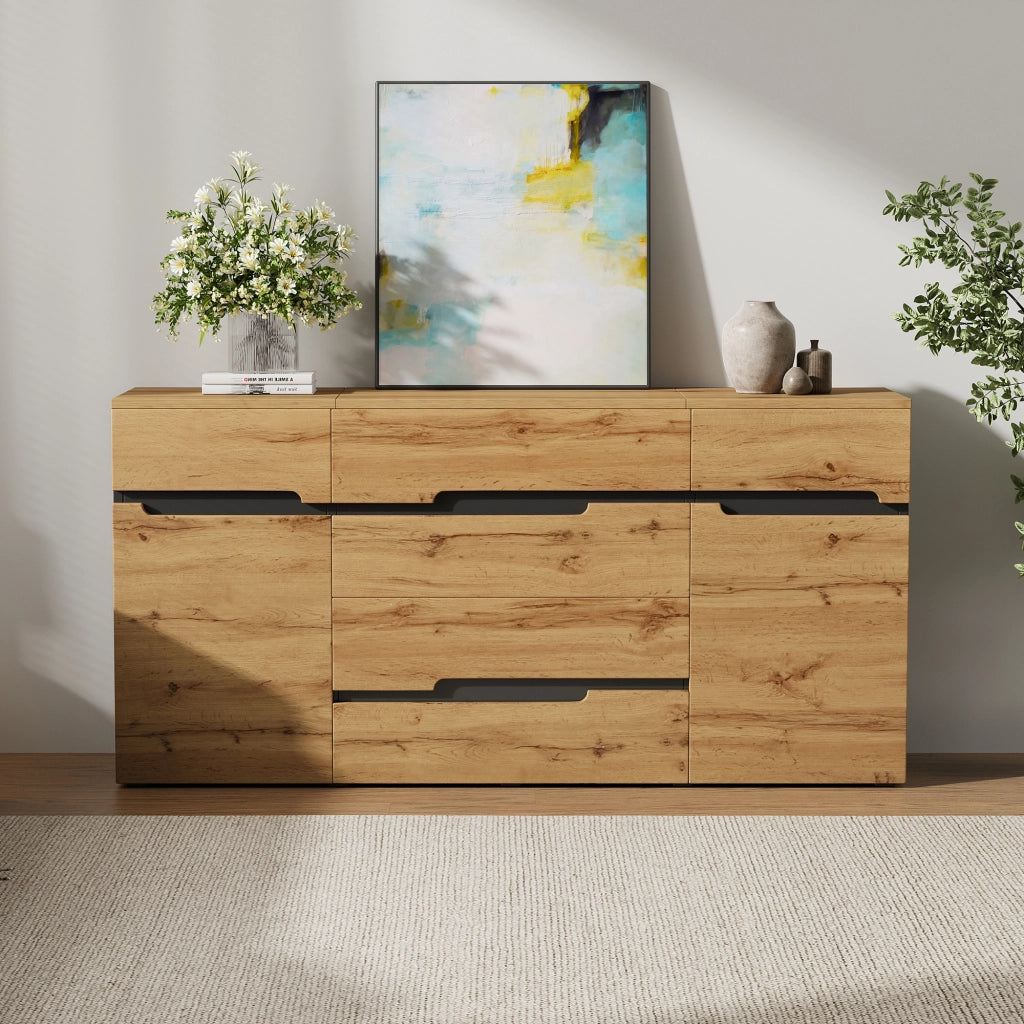 Credenza con 2 ante e 4 cassetti con ripiani e vano contenitore per soggiorno; in truciolare; nero e legno; 160×40×80 cm