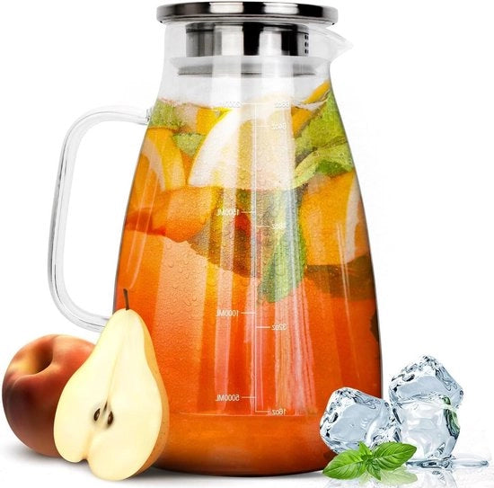 Bottiglia in Vetro Borosilicato 2 Litri con Coperchio - Resistente al Calore - Tè Istantaneo Succo Frutta Latticello Sangria Caffè - Bevande Calde e Freddi - Bottiglia Acqua 2L