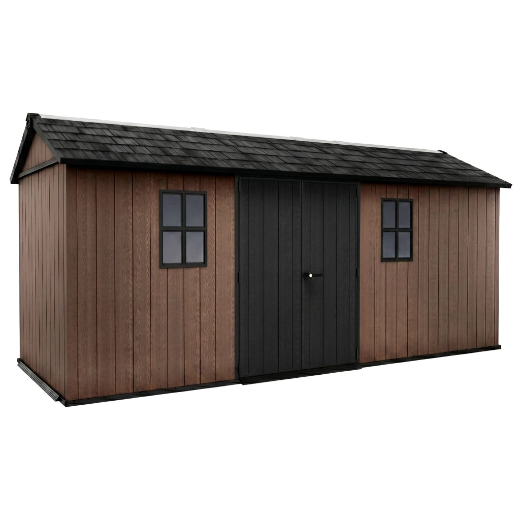 Newton + 7517/1775- Casetta da Giardino 539x246x230 cm 2 Ante per deposito attrezzi finitura effetto legno Evotech+ in Resina Marrone e Nero