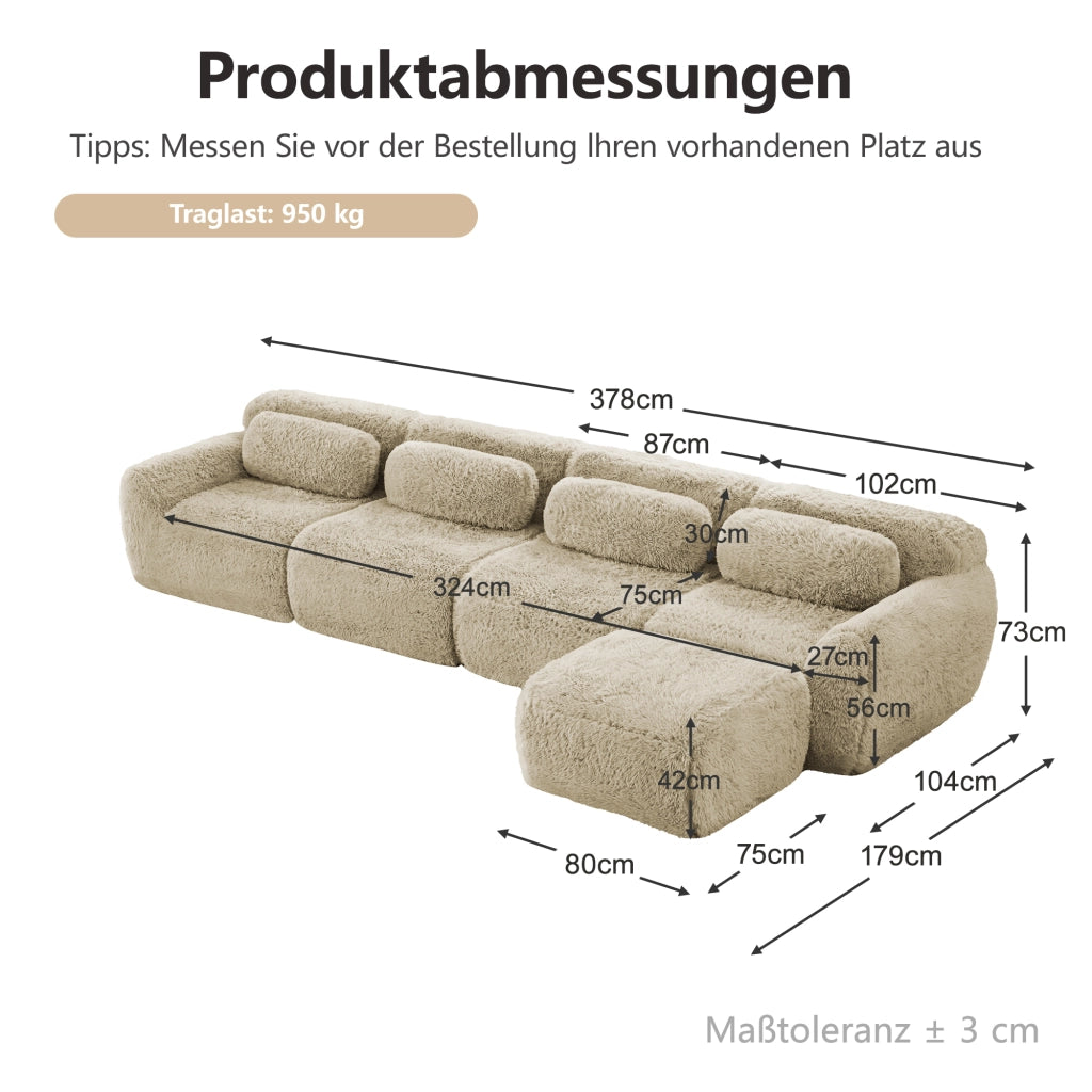 Divano angolare modulare 4 Posti con chaise longue, senza montaggio, seduta ampia, in Peluche, Cachi Chiaro