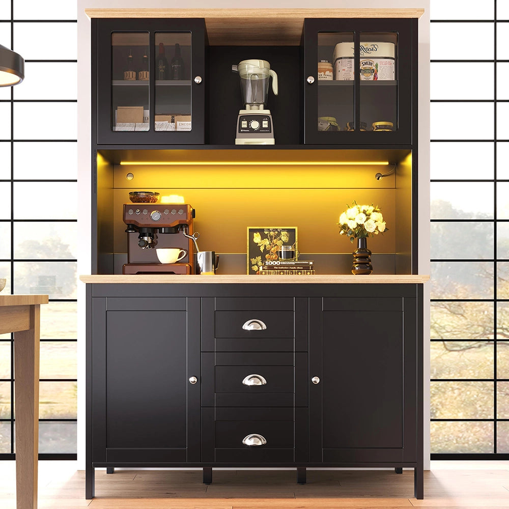 Armadio da cucina con illuminazione LED - Xylo - 120x40x179 cm - Bianco/Nero - 4 porte e 3 cassetti