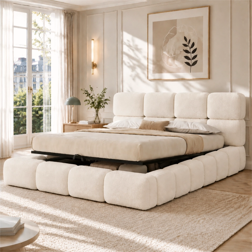 letto imbottito bouclé bianco 228 x 203 cm