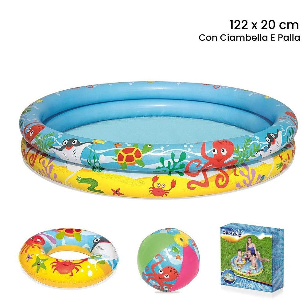 Trade Shop - Set Piscina Gonfiabile A 2 Anelli Per Bambini 122x20 Cm Con Palla Salvagente 51124 -